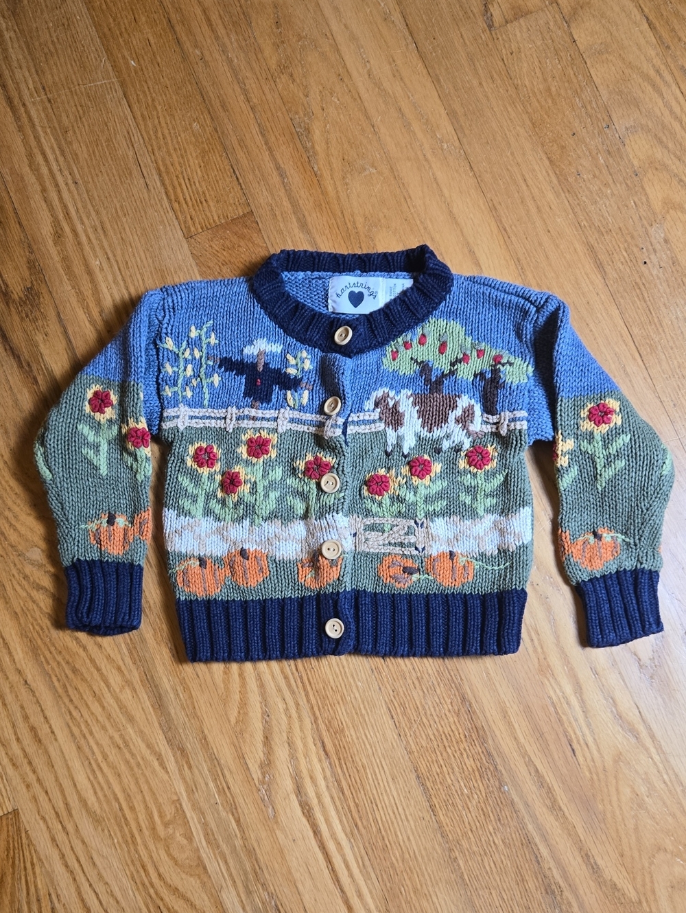 Vintage Hartstrings fall cow farm pumpkin scarecrow knit cardigan sweater